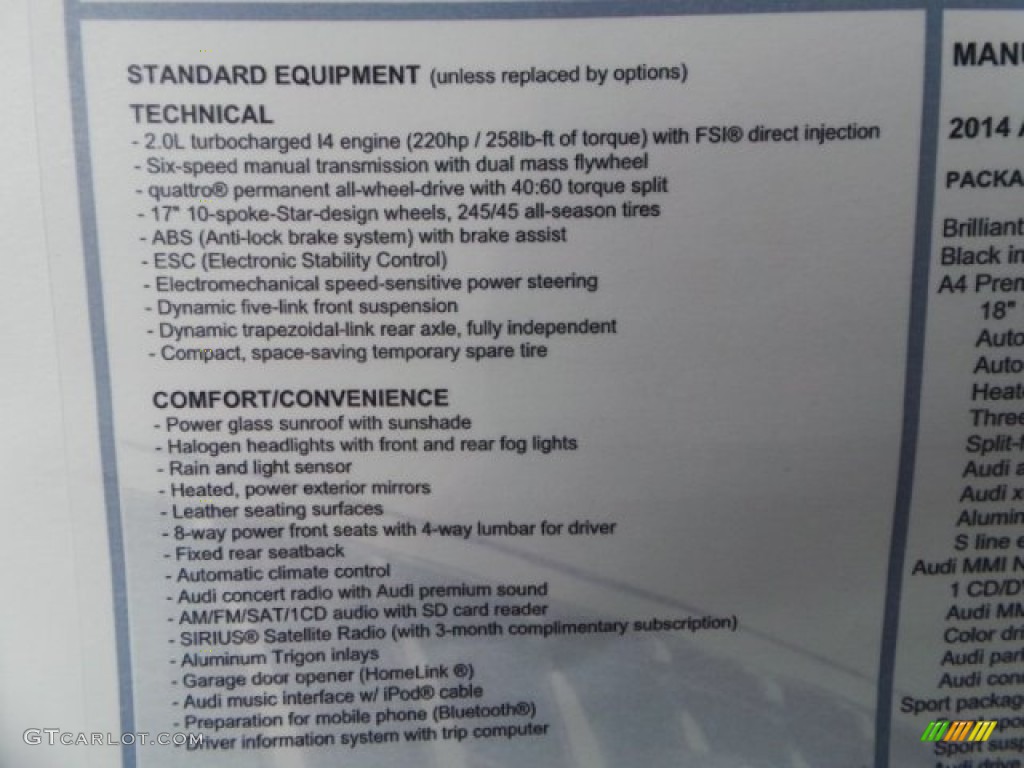 2014 Audi A4 2.0T quattro Sedan Window Sticker Photo #92662123