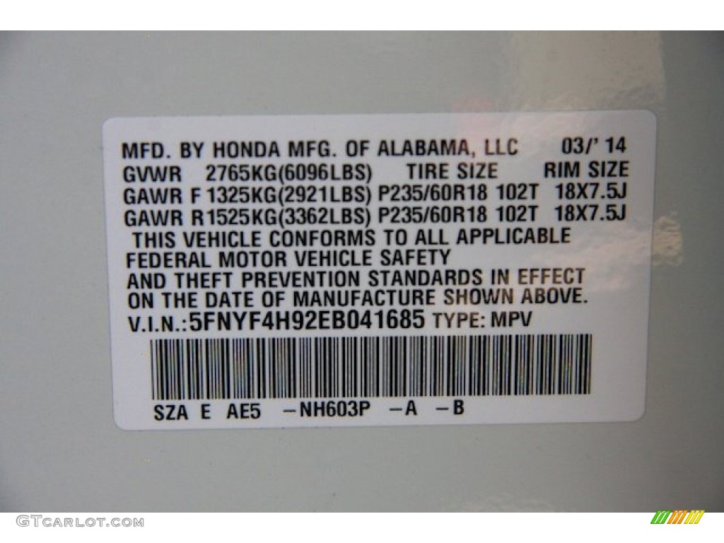 2014 Honda Pilot Touring 4WD Color Code Photos