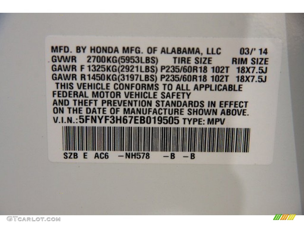2014 Pilot Color Code NH578 for Taffeta White Photo #92667943