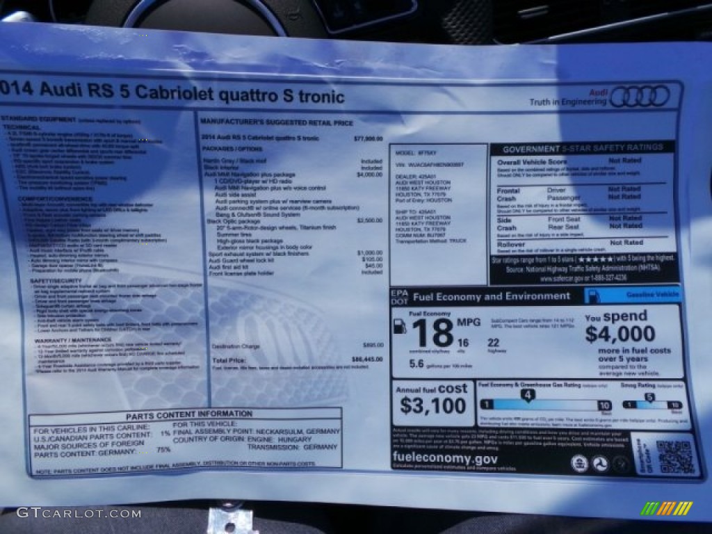 2014 Audi RS 5 Cabriolet quattro Window Sticker Photo #92694941