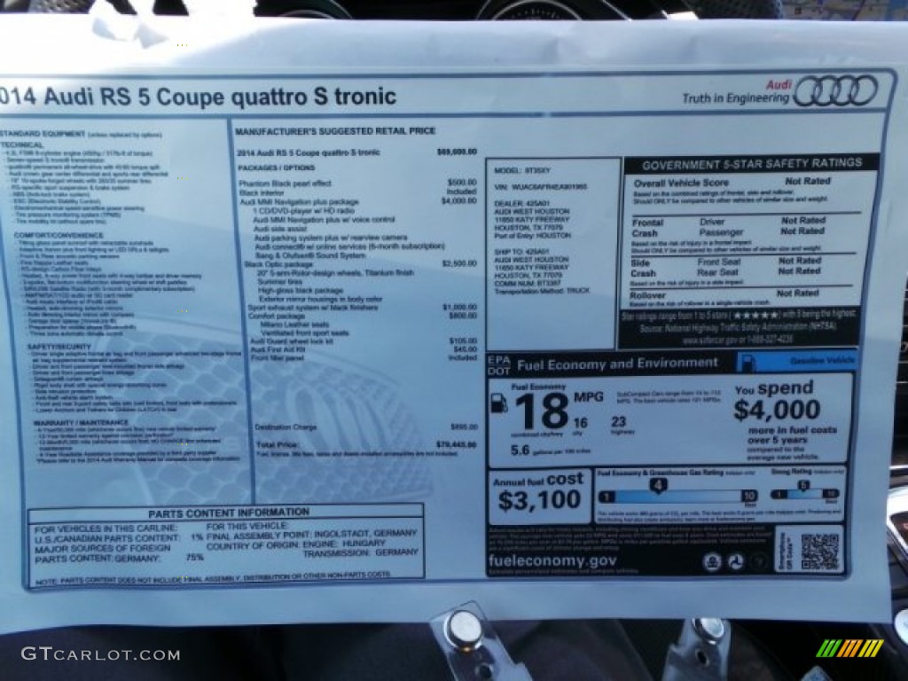 2014 Audi RS 5 Coupe quattro Window Sticker Photo #92697752