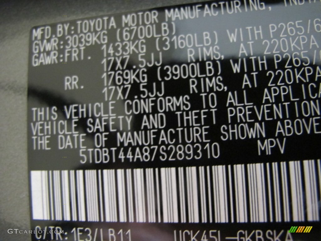 2007 Toyota Sequoia SR5 4WD Color Code Photos