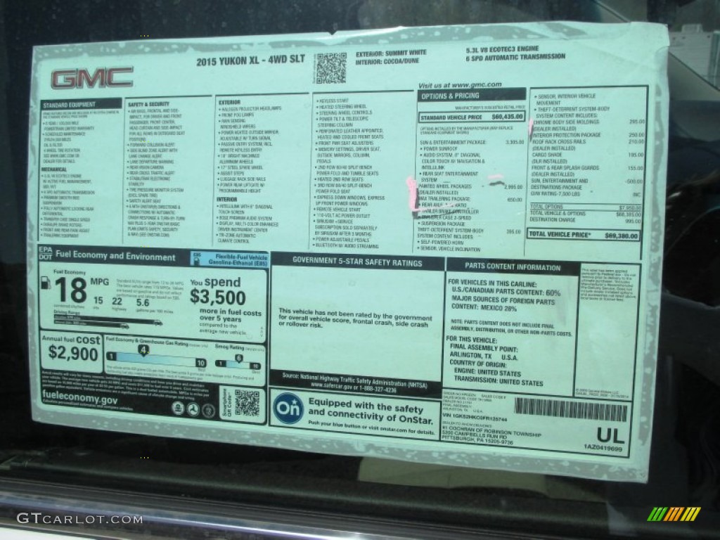 2015 GMC Yukon XL SLT 4WD Window Sticker Photo #92751694