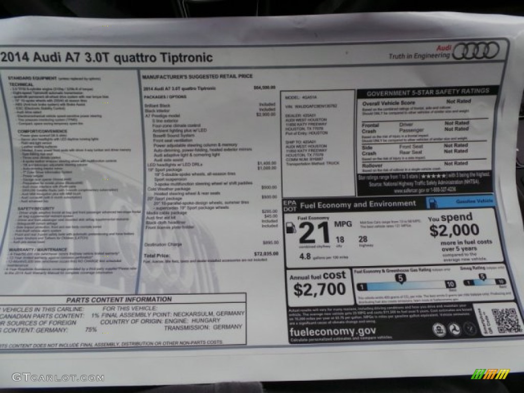 2014 Audi A7 3.0T quattro Prestige Window Sticker Photo #92771638