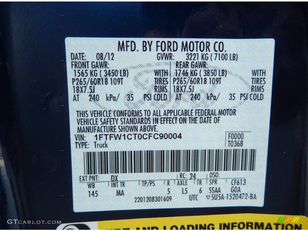 2012 Ford F150 XLT SuperCrew Color Code Photos