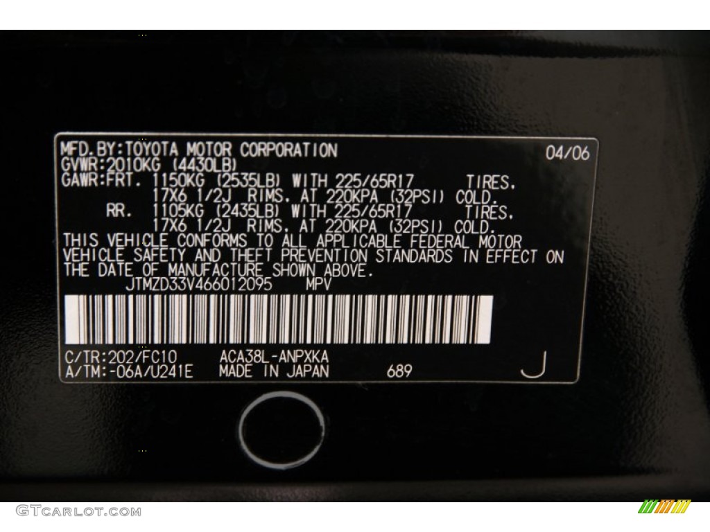 2006 RAV4 Color Code 202 for Black Photo #92835617