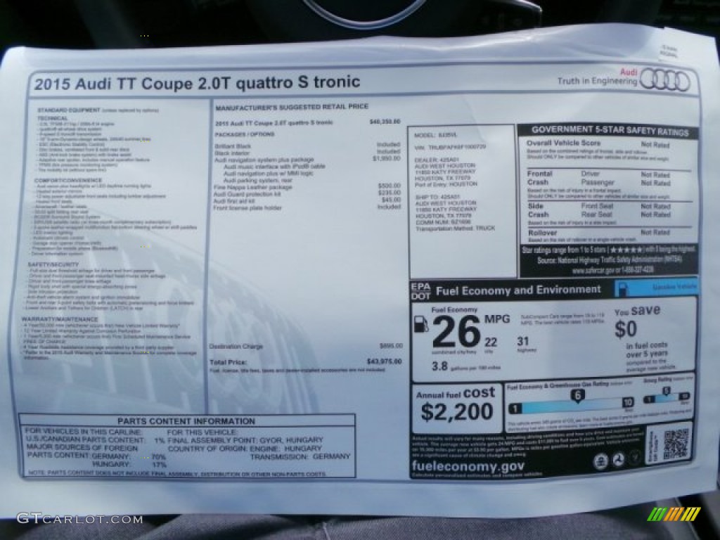 2015 Audi TT 2.0T quattro Coupe Window Sticker Photo #92836943