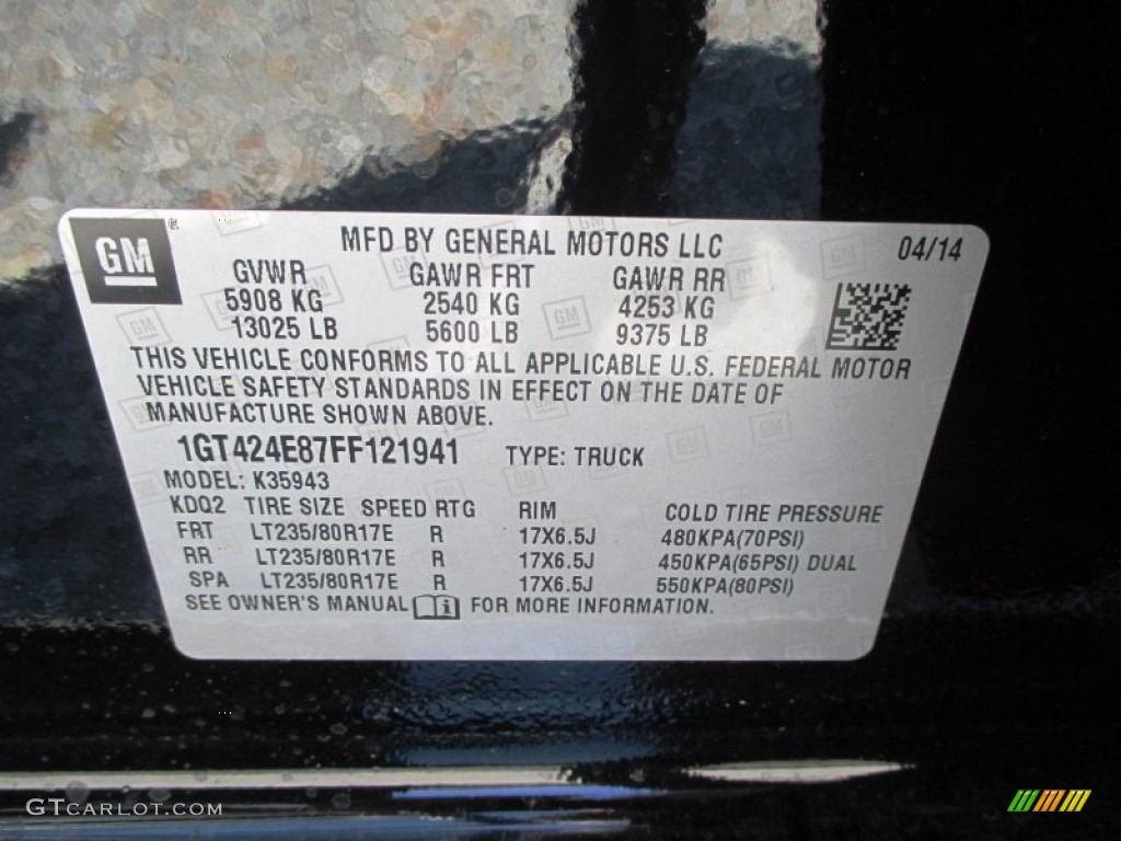 2015 GMC Sierra 3500HD Denali Crew Cab 4x4 Dual Rear Wheel Info Tag Photo #92919328