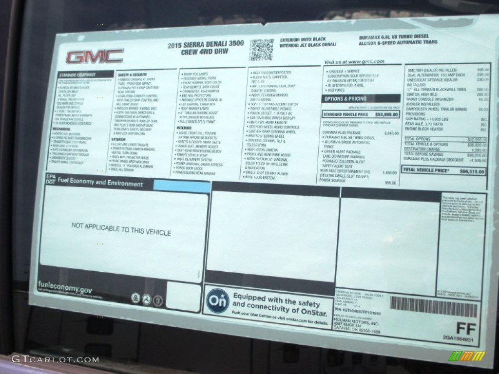 2015 GMC Sierra 3500HD Denali Crew Cab 4x4 Dual Rear Wheel Window Sticker Photo #92920014