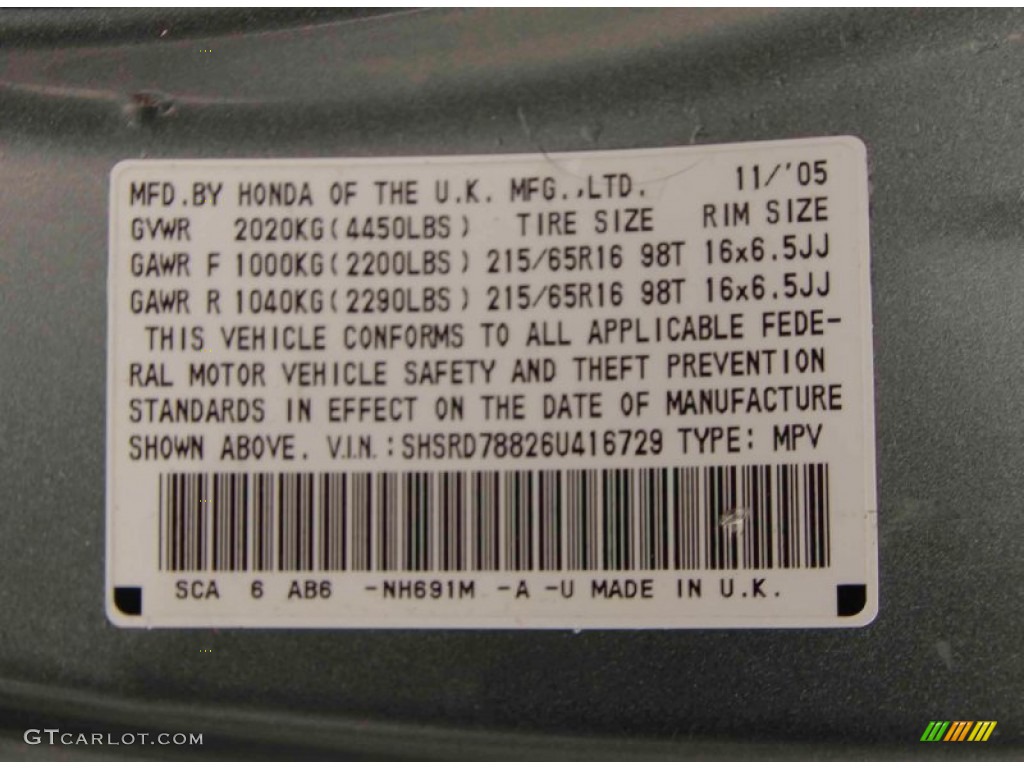 2006 Honda CR-V EX 4WD Color Code Photos