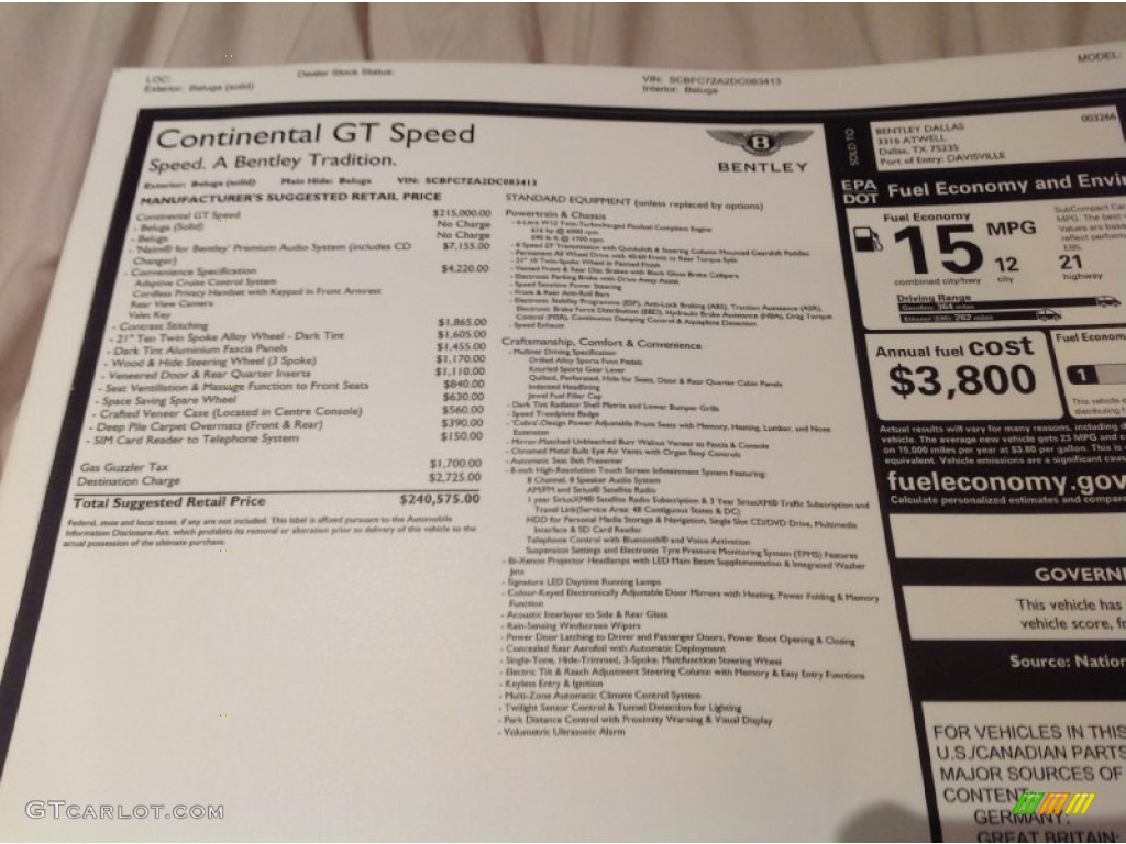 2013 Bentley Continental GT Speed Window Sticker Photo #92974823