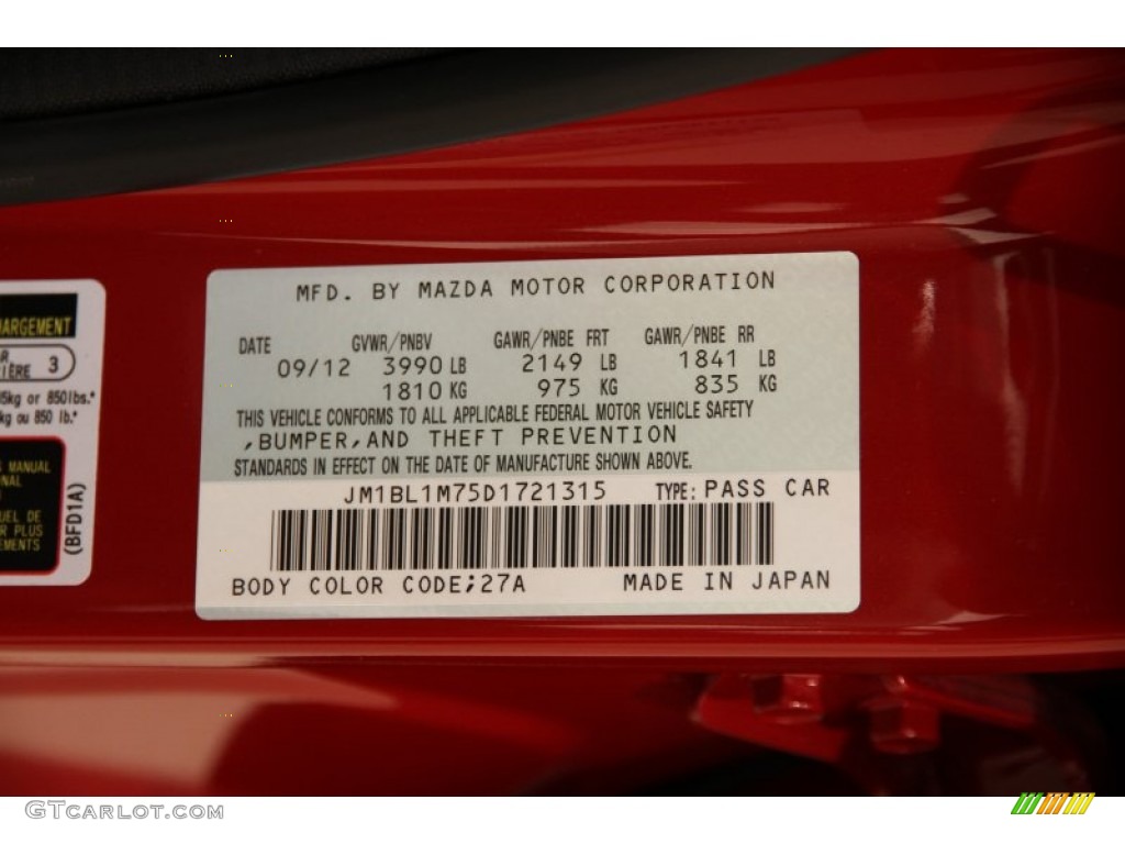 2013 MAZDA3 Color Code 27A for Velocity Red Mica Photo #93050320
