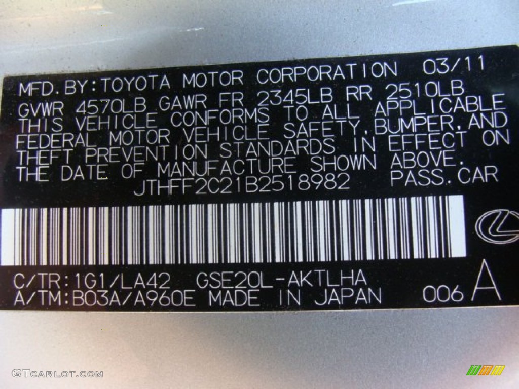 2011 Lexus IS 250C Convertible Color Code Photos