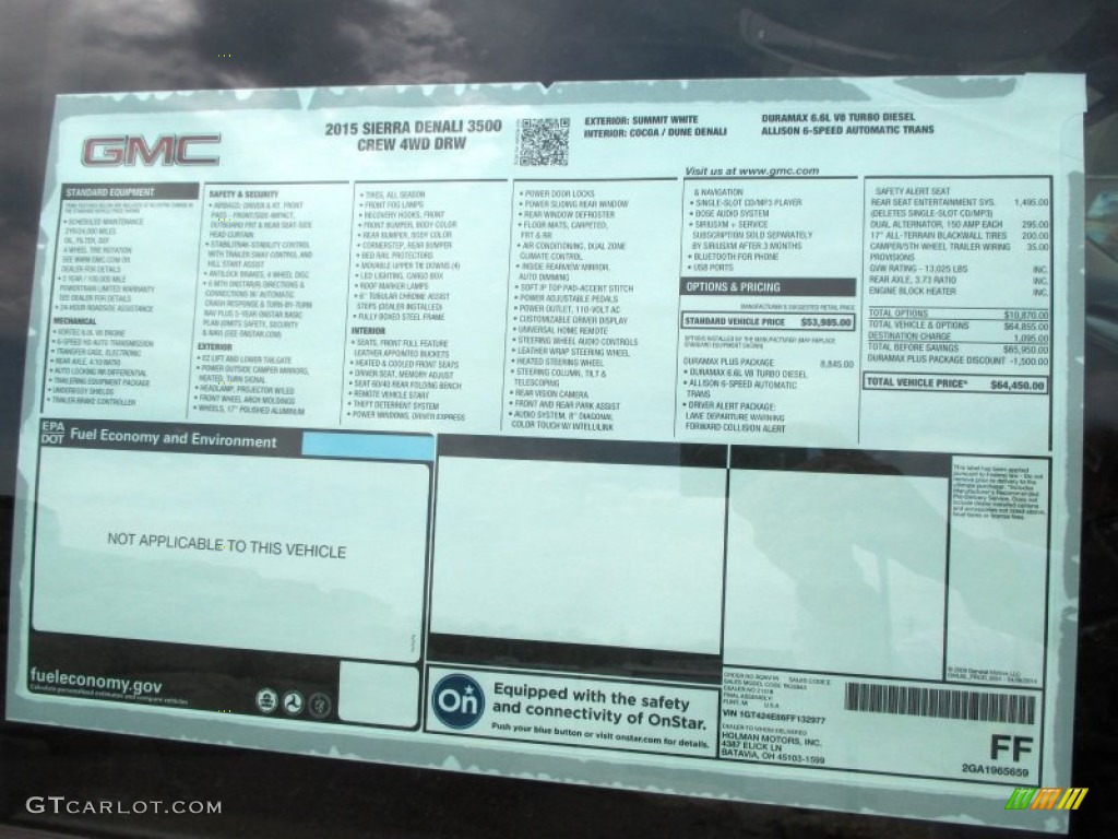 2015 GMC Sierra 3500HD Denali Crew Cab 4x4 Dual Rear Wheel Window Sticker Photo #93193942