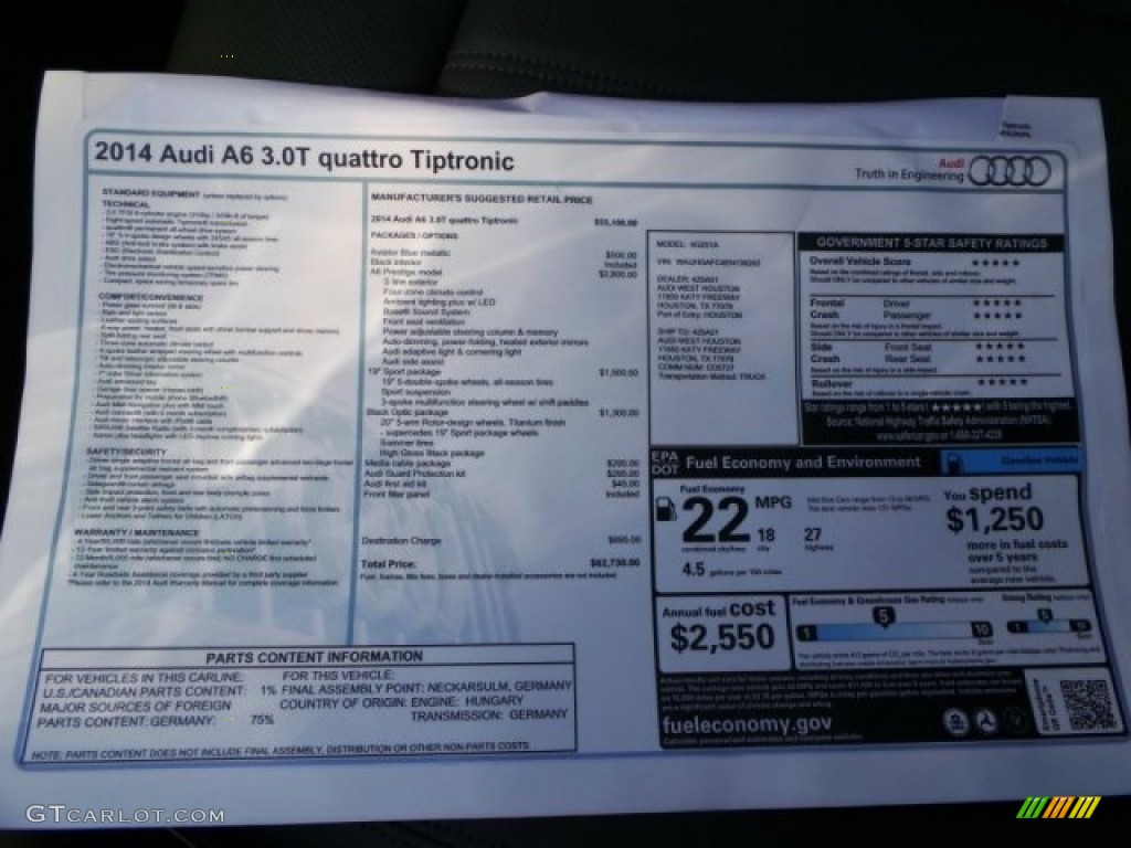 2014 Audi A6 3.0T quattro Sedan Window Sticker Photo #93218558