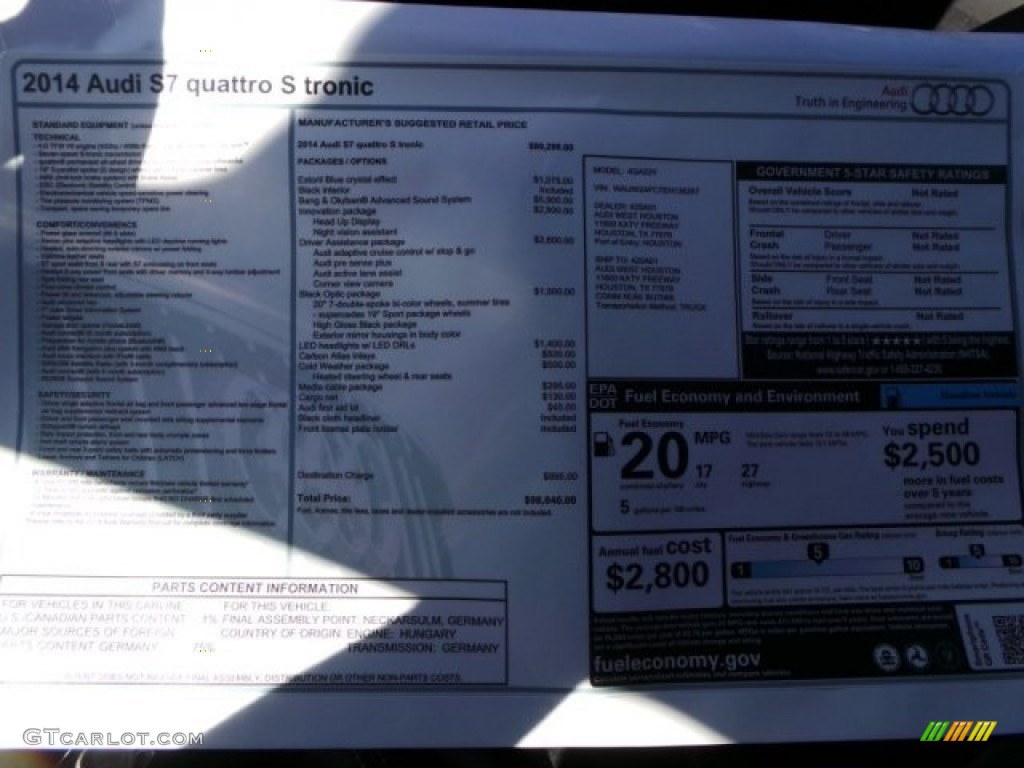 2014 Audi S7 Prestige 4.0 TFSI quattro Window Sticker Photo #93219356