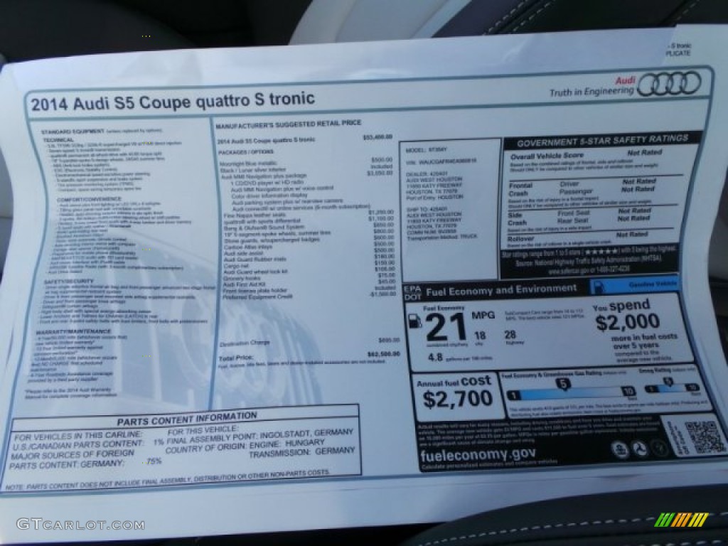 2014 Audi S5 3.0T Premium Plus quattro Coupe Window Sticker Photo #93220838