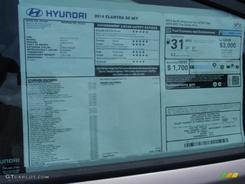 2014 Elantra SE Sedan - Bronze / Beige photo #32