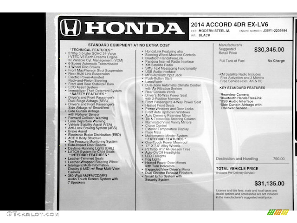 2014 Accord EX-L V6 Sedan - Modern Steel Metallic / Black photo #20