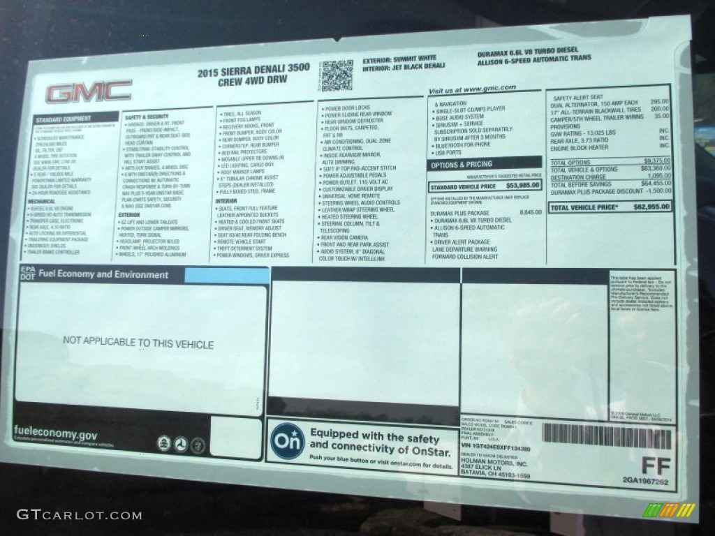 2015 GMC Sierra 3500HD Denali Crew Cab 4x4 Dual Rear Wheel Window Sticker Photo #93285662