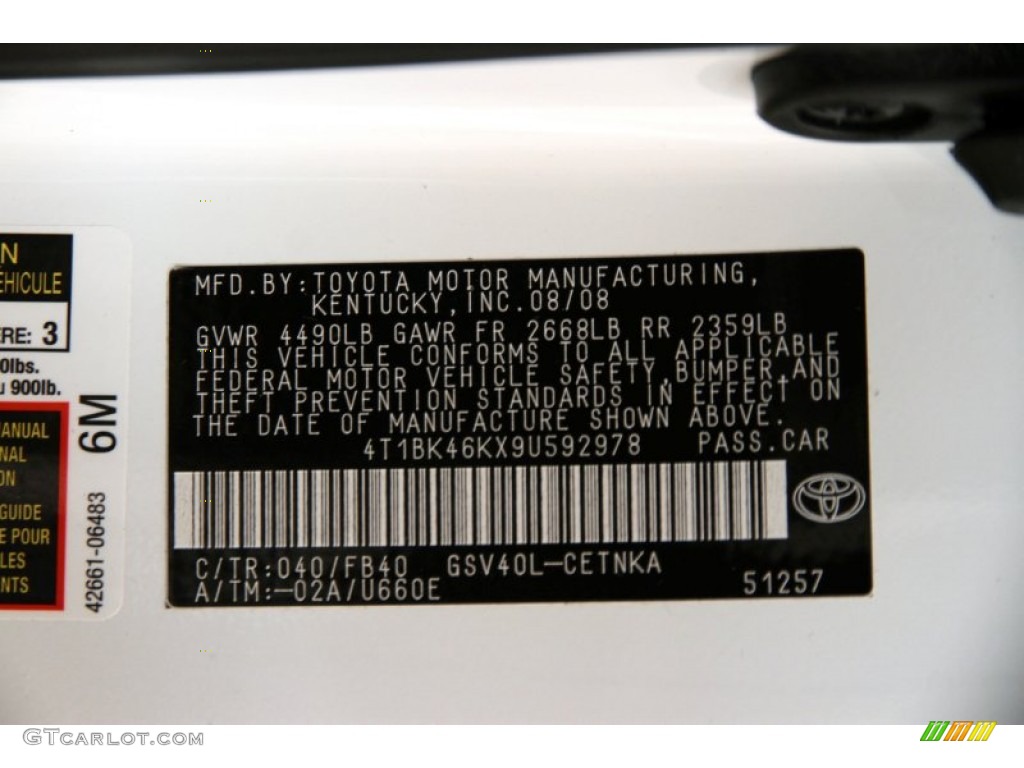 2009 Camry Color Code 040 for Super White Photo #93365315