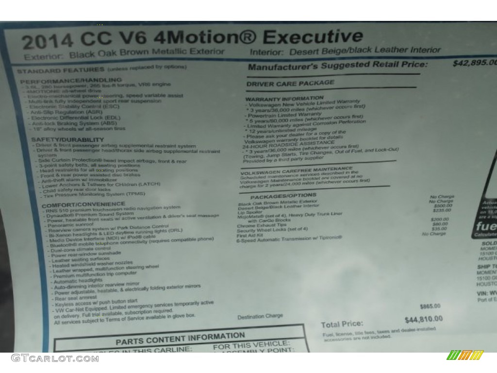 2014 Volkswagen CC V6 Executive 4Motion Window Sticker Photo #93414686