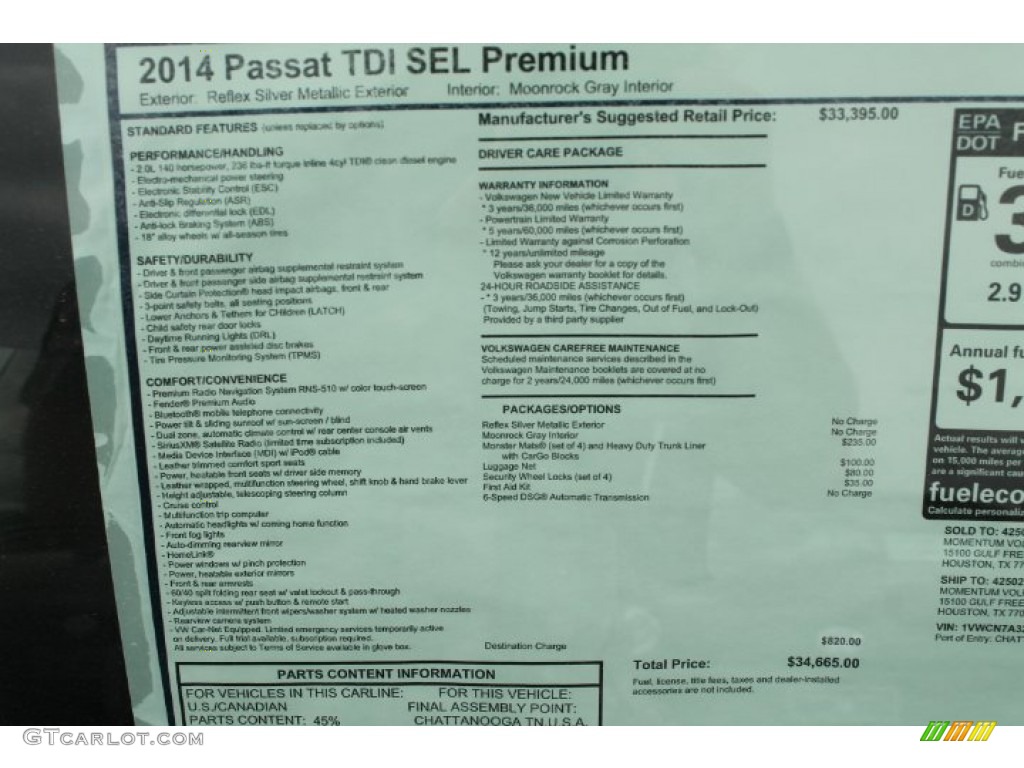 2014 Passat TDI SEL Premium - Reflex Silver Metallic / Moonrock photo #30