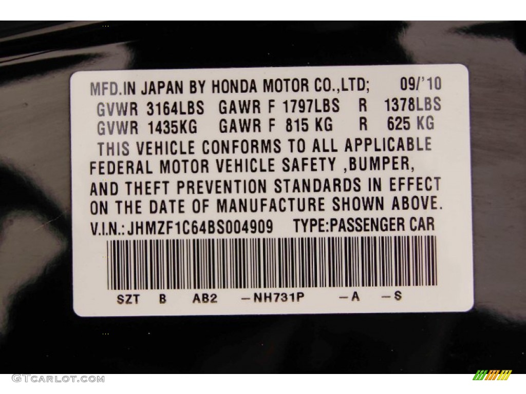 2011 Honda CR-Z EX Sport Hybrid Color Code Photos
