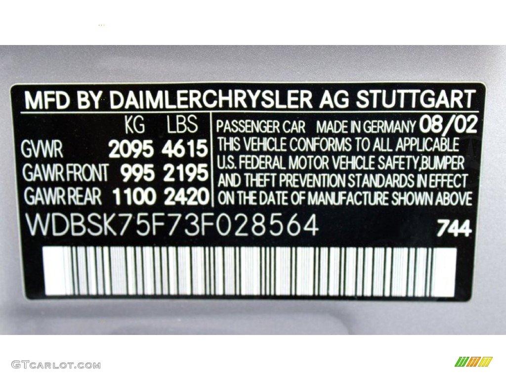 2003 SL Color Code 744 for Brilliant Silver Metallic Photo #93511589