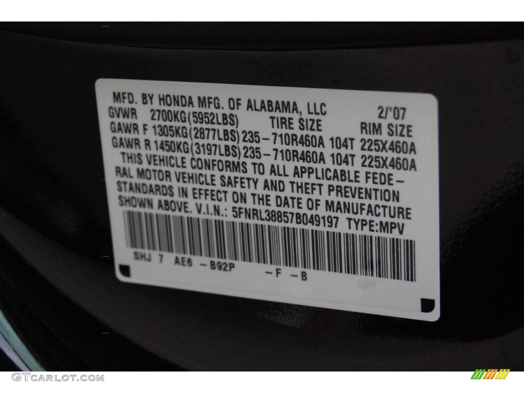 2007 Odyssey Color Code B92P for Nighthawk Black Pearl Photo #9360283