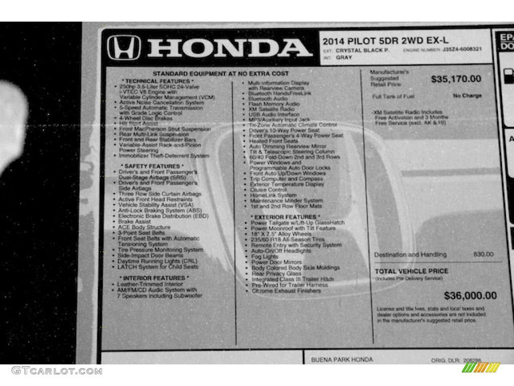2014 Honda Pilot EX-L Window Sticker Photo #93625217