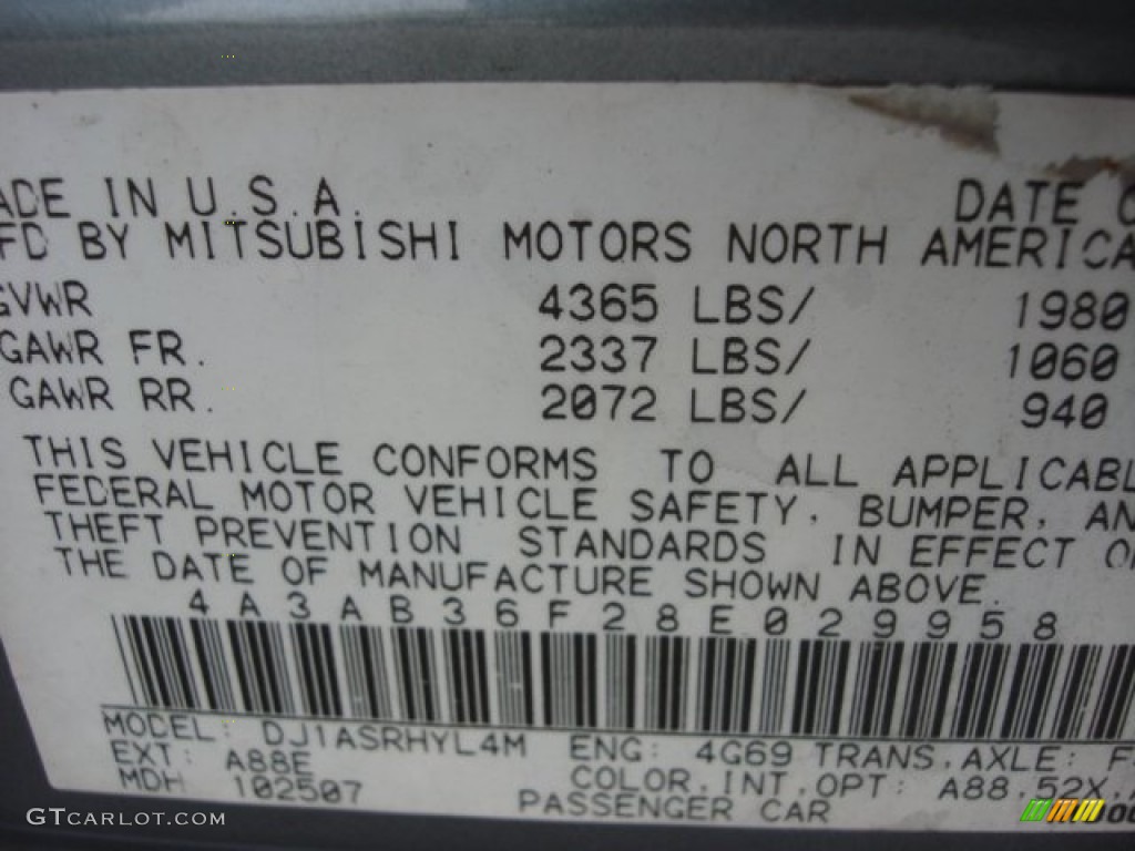 2008 Galant Color Code A88 for Satin Mesai Gray Pearl Photo #93679991