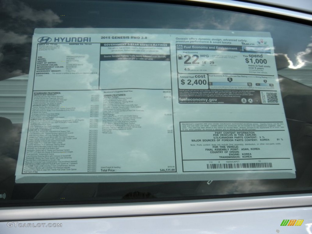 2015 Hyundai Genesis 3.8 Sedan Window Sticker Photo #93758750