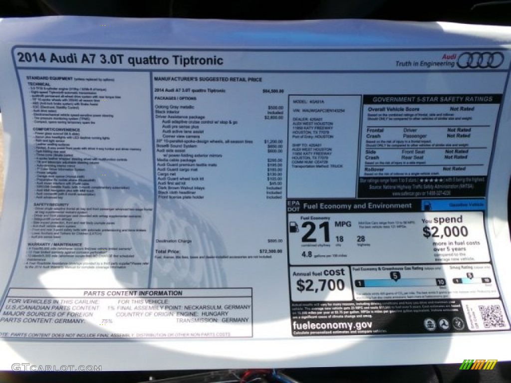 2014 Audi A7 3.0T quattro Premium Plus Window Sticker Photo #93772412