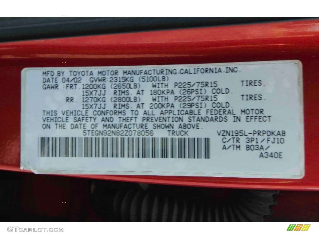 2002 Toyota Tacoma V6 PreRunner Double Cab Color Code Photos