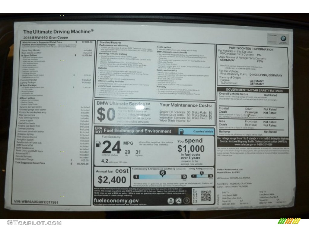 2015 BMW 6 Series 640i Gran Coupe Window Sticker Photo #93870259