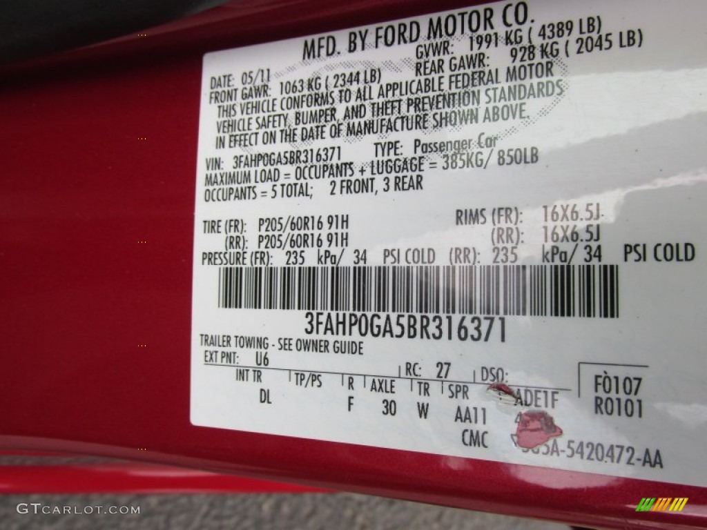 2011 Fusion Color Code U6 for Red Candy Metallic Photo #93884284