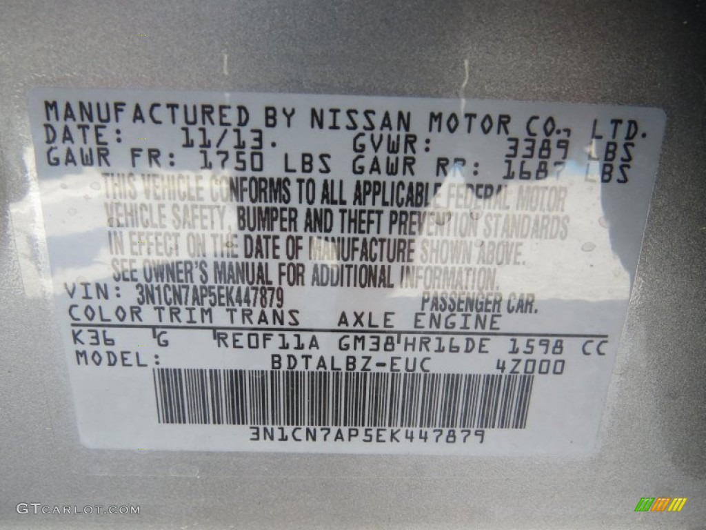 2014 Nissan Versa 1.6 SV Sedan Color Code Photos