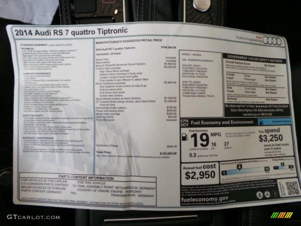 2014 Audi RS 7 4.0 TFSI quattro Window Sticker Photo #94051980