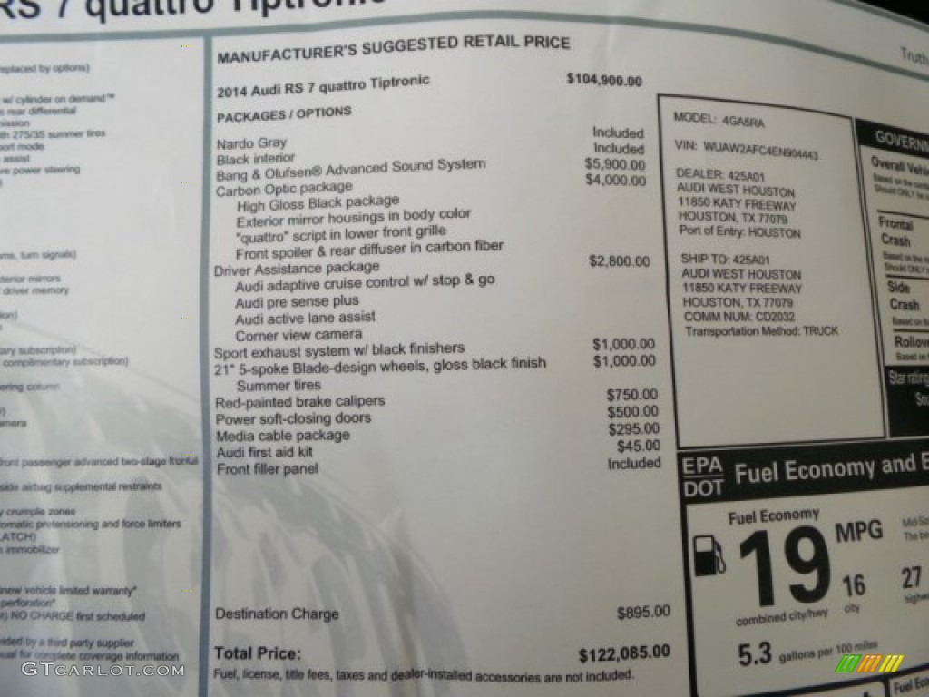 2014 Audi RS 7 4.0 TFSI quattro Window Sticker Photo #94051991