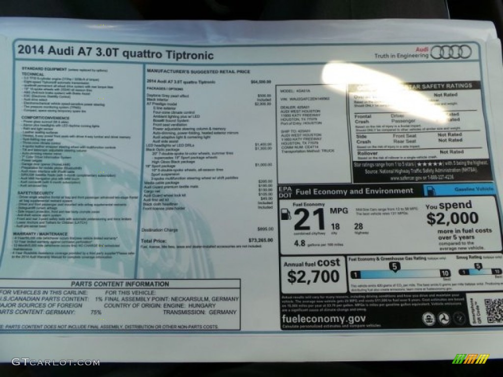 2014 Audi A7 3.0T quattro Prestige Window Sticker Photo #94052338