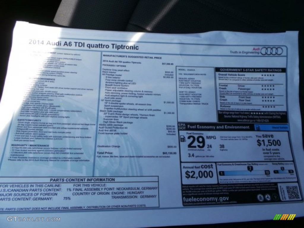 2014 Audi A6 3.0 TDI quattro Sedan Window Sticker Photo #94052704