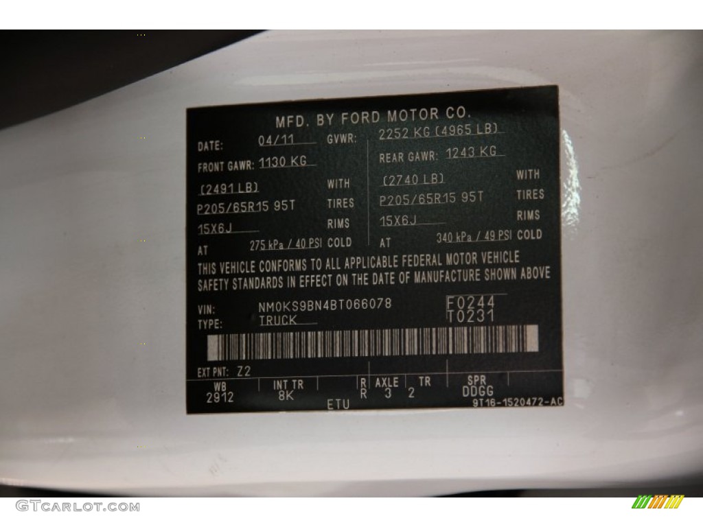 2011 Ford Transit Connect XLT Cargo Van Color Code Photos