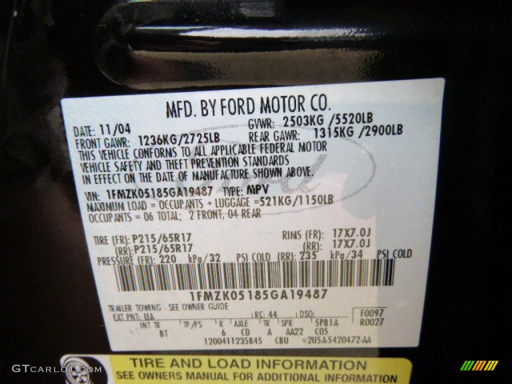 2005 Ford Freestyle SEL AWD Color Code Photos