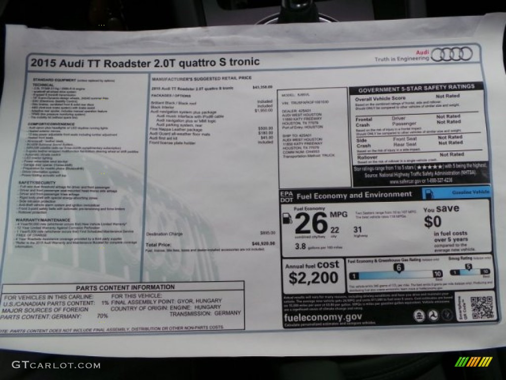 2015 Audi TT 2.0T quattro Roadster Window Sticker Photo #94175235