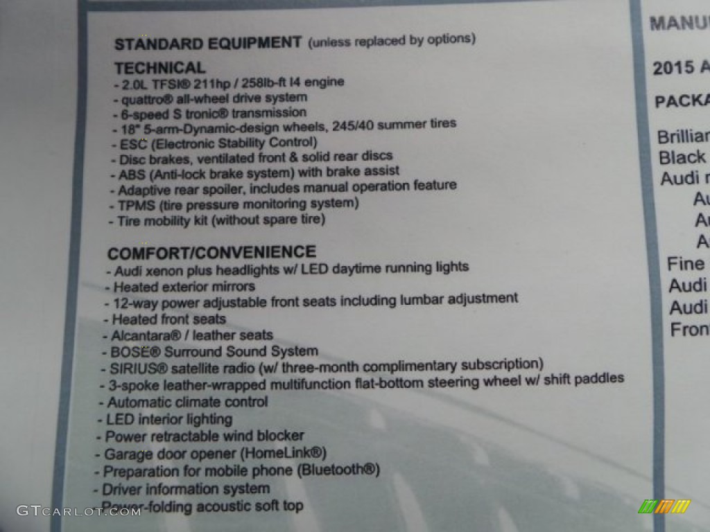 2015 Audi TT 2.0T quattro Roadster Window Sticker Photo #94175241