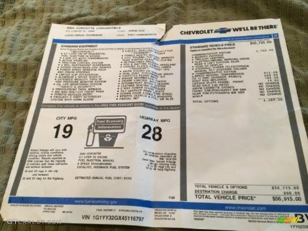 2004 Chevrolet Corvette Convertible Window Sticker Photo #94221374