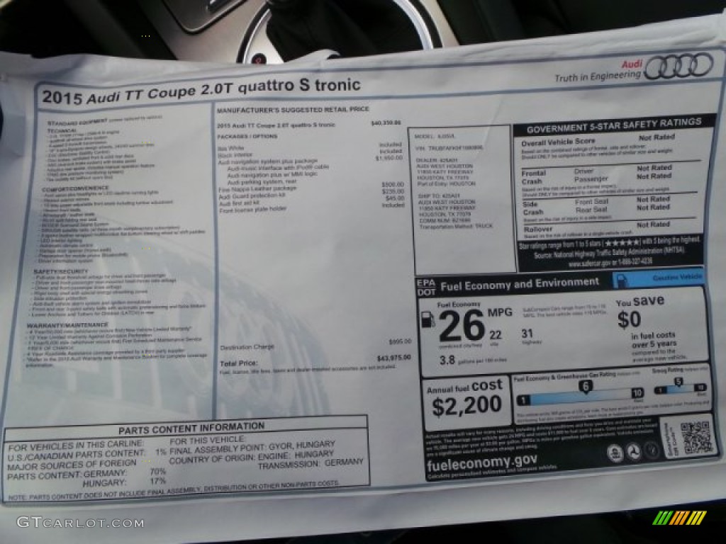 2015 Audi TT 2.0T quattro Coupe Window Sticker Photo #94277009