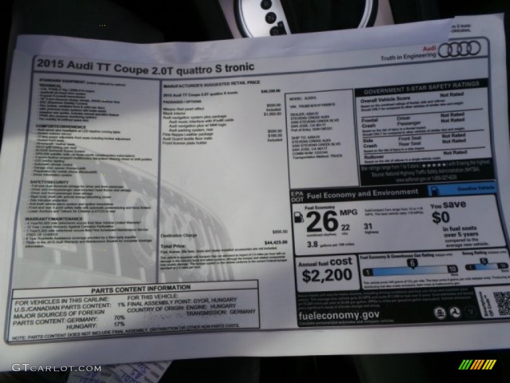2015 Audi TT 2.0T quattro Coupe Window Sticker Photo #94277438
