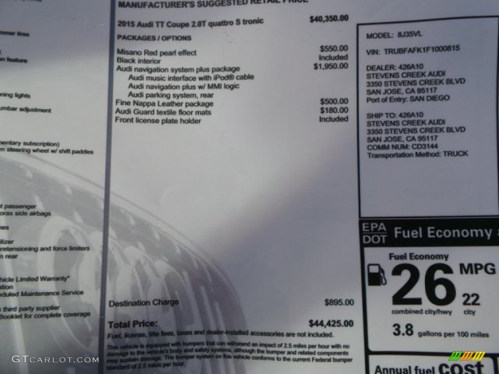 2015 Audi TT 2.0T quattro Coupe Window Sticker Photo #94277450